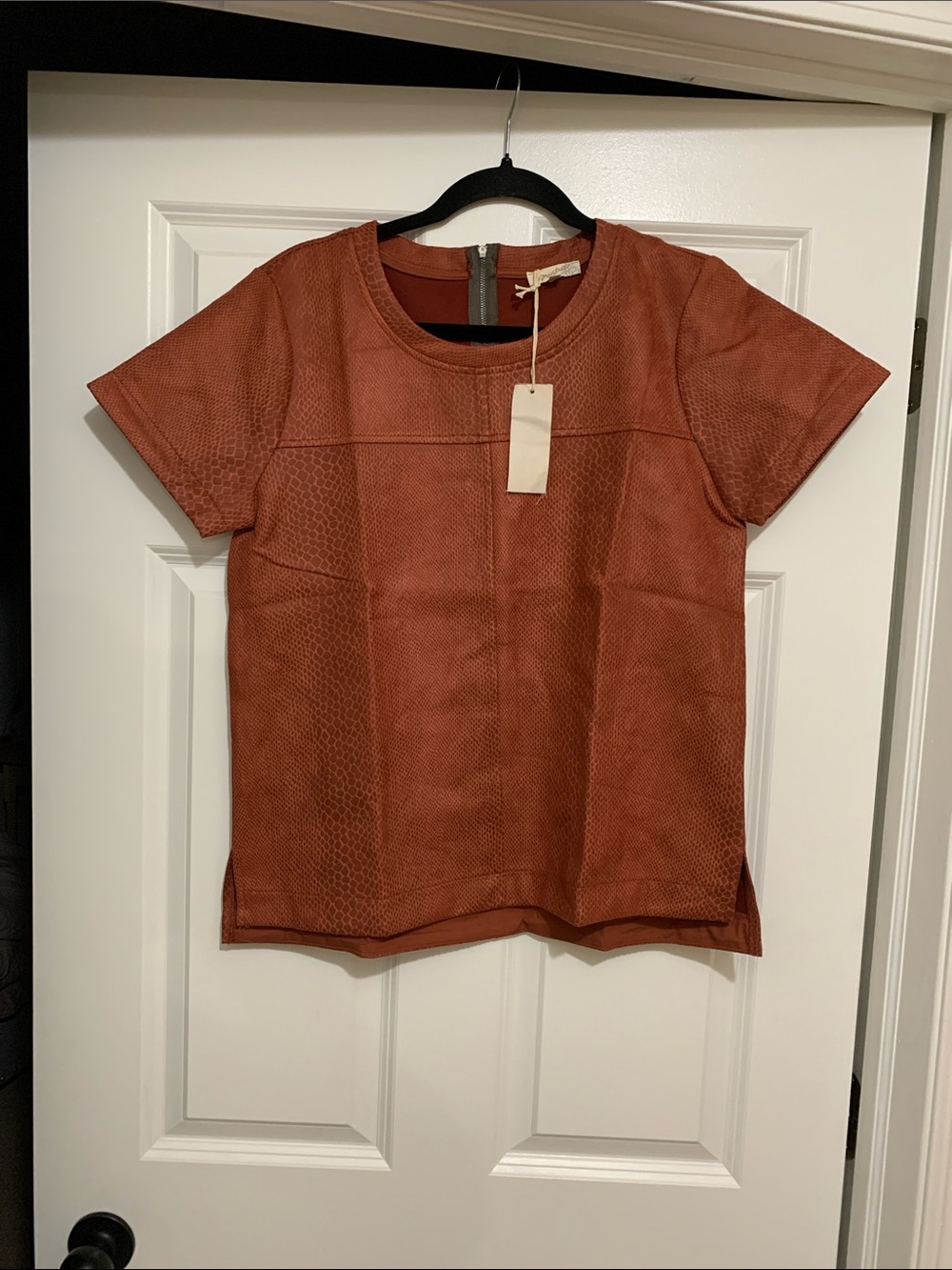 Mystree Short Sleeve Faux-Suede Tee in Rust Brown